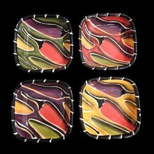 Clay Art Abstract Square Sauce Dishes Set of 4 Colorful Ceramic